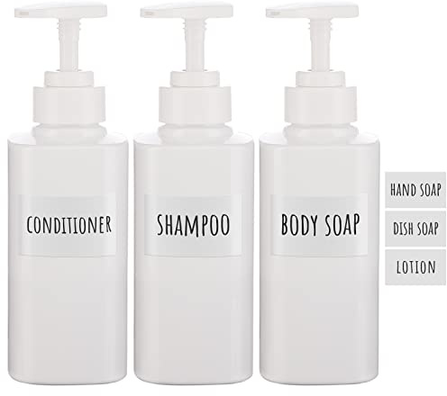 Segbeauty Seifenspender mit Etiketten, 3 Stück 300 ml Shampoo Flaschen, Kunststoff nachfüllbare Shampoo Conditioner Lotion Handseifen Flasche für Küche und Badezimmer, Weiß