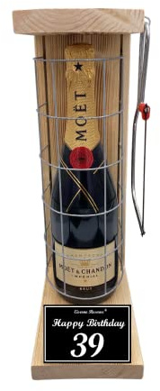 Moet Geschenkverpackung Geschenkset 39 Geburtstag Mann und Frau - Moet Eiserne Reserve Gitterkäfig incl. Notsäge Text s/w 39 Happy Birthday Champagner (1 x 0.75 l)