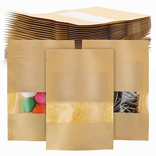 Kinsinder 100pcs Kraftpapier Druckverschlussbeutel, Kraftpapier Lebensmittelaufbewahrungstüten, Wiederverwendbare Druckverschlussbeutel mit Transparentem Fenster, 9x14cm