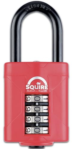 Squire Heavy Duty Padlock (CP50/1.5) - Toughest Long Shackle - 4 Wheel Combination Padlock - Alloy Steel for Corrosion Resistance - Weatherproof Lock for Home, School & Garage (Red, 50 mm)