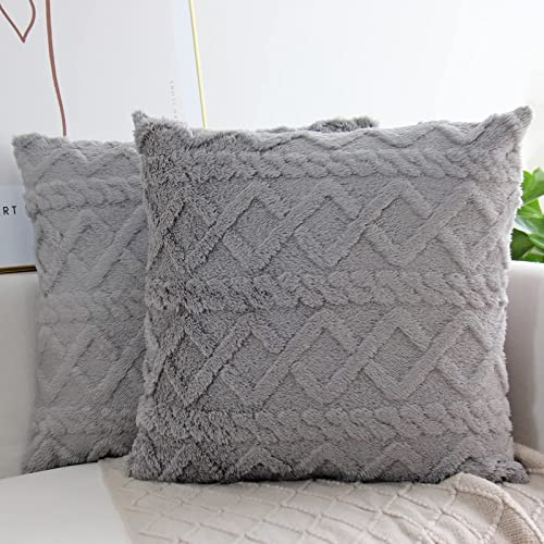 Kissenbezüge 45 x 45, Kissenhüllen Dunkelgrau 2 Stück Wolle Samt Flauschig Einfarbiger Geometrische Zimmer Deko Aesthetic
