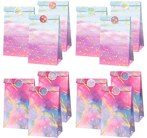 TOKSEO Tie-Dye Geschenktüten Papiertüten Mitgebsel Tüten Süßigkeiten Leckereien Beutel mit Aufklebern für Kindergeburtstag Party Geburtstag Geschenk verschenken (12 Stück)