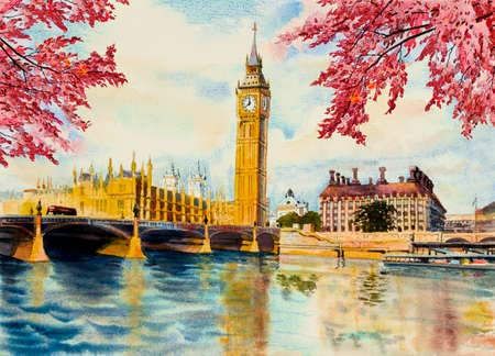 Acryl-Bild 40 x 30 cm: Bäume im Herbst, Big Ben Clock Tower und Themse in London in England. Aquarellmalerei Illustration Landschaft schöne(167761865)