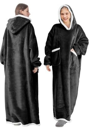 FEELJAM Decke mit Ärmeln und Kapuze Hoodie Decke Erwachsene Ärmeldecke Weich Warm Kuscheldecke mit Ärmeln (Schwarz, 180 lang)
