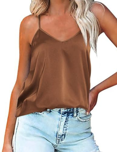 Ekouaer Débardeur Satin Femme Camis sans Manches Caraco Soie Col V Maillot de Corps à Bretelles Spaghetti Réglable Blouse Haut T-Shirt Cami Tops S-XXL
