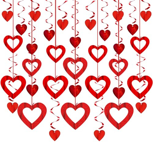 41 Pieces Heart Decorations Hanging, Valentines Decorations Include 21 Pieces of Hollow Heart Decorations and 20 Pieces of Heart-Shaped Swirl Heart Decorations, Suitable for Romantic Decorations