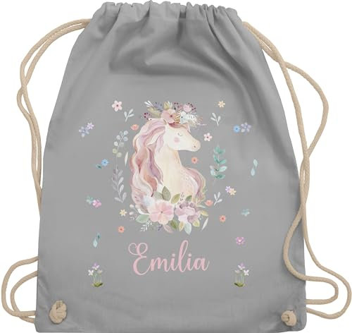 Turnbeutel Rucksack - Einhorn Geschenke mit Name personalisiert I Geschenke Einhörner - Unisize - Hellgrau - beutel kindergarten einhornrucksack unicorn stoffbeutel personalisierter kind