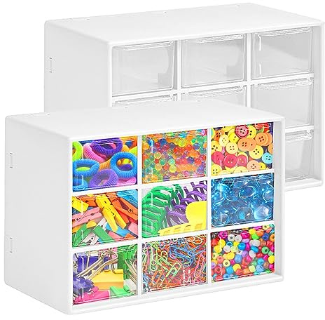 2Pcs Mini Plastic Drawer Organiser, Desk Storage Organizer with 9 Drawers Stackable Clear Plastic Box Desktop Drawer Organizer for Storing Jewellery Pins Screws and Small Parts (White)