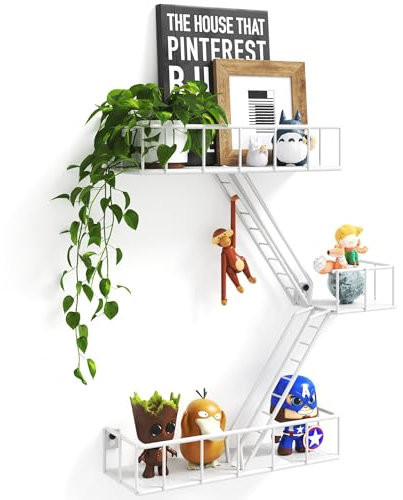 Fire Escape Wall Shelf with Baskets, 3-Tier Metal Fire Escape Ladder Shelf Wall Organizer, New York Inspired Decorative Shelf, White Floating Action Figurine Display Shelves for Bedroom, Home Décor.…
