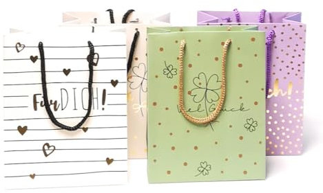 4 Stück Premium Geschenktaschen Für Dich - Glück á 23x18x10 cm Geschenktüte Papiertüte - 4 Motive -