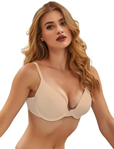 ohmydear Women's Underwired Push Up Comfort Bras Plus Size Smooth Ladies Balconette Deep V Everyday Nude Seamless T Shirt Bras Padded, 36B