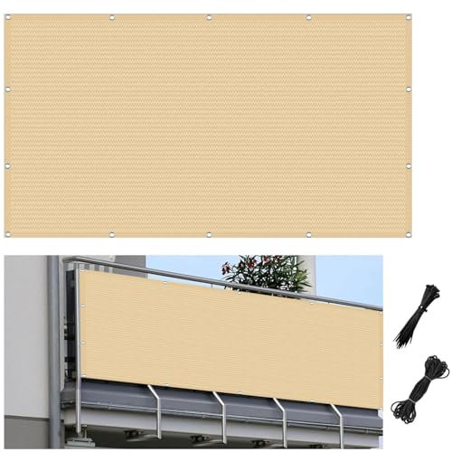 Balkonverkleidung 70 x 880 cm Windschutz Sonnenschutz Blickdicht Sichtschutzfächerterrasse mit Ösen für Den Zaun Balkon, Sandgelb