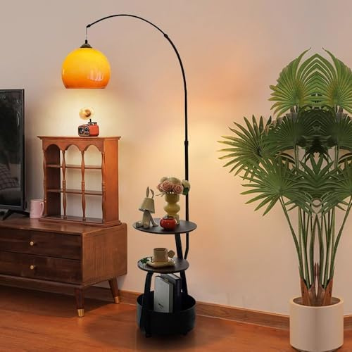 Wylolik Orange Glas-Lampenschirm-Stehlampe, multifunktionale Stehlampen, höhenverstellbare vertikale Lampe dekorative hohe Ecklampen, 2 Schreibtische + 1 Aufbewahrungseimer für Wohnzimmer Schlafzimmer