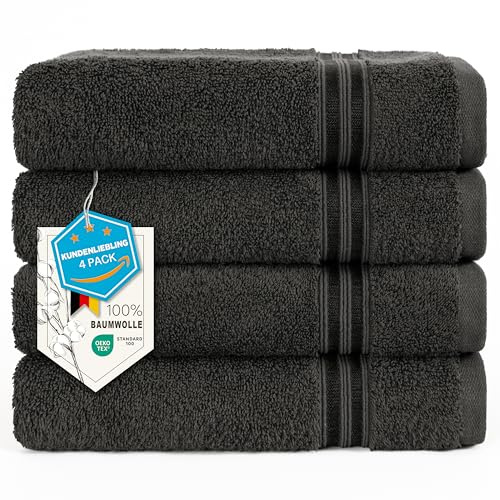 Hammetex Handtücher 50x100 cm 4er Set – 100% Baumwolle Frottier – Oeko-TEX Zertifiziert – Weich, Saugstark – mit Aufhänger, Anthrazit