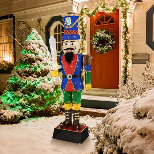 GOPLUS 184 CM Soldado Cascanueces Grande de Navidad, Soldado Decorativo Iluminado con Espada, 110 Luces LED, Sujetacables y Estacas, Decoración Navideña Exterior e Interior para Hogar Jardín