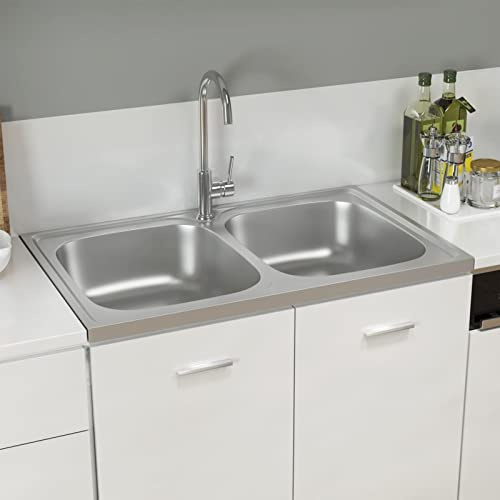 Brokky Lavello Cucina Doppia Vasca 800x500x155 mm Argento Acciaio Inox-Lavello Cucina,Lavandino Cucina,Lavabo Cucina ad Incasso