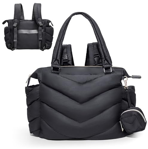 ILCOLPO Diaper Bag Tote, Diaper Bag Backpack,Puffer Tote Bag with Pacifier Case, Lightweight Mommy for Hospital, Puffy with 10 Pockets, Convertible Baby for Travel, Black