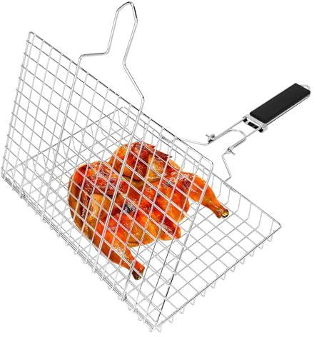 Linkidea Cesta de parrilla portátil cuadrada,accesorio de acero inoxidable para asar pescado con asa de seguridad extraíble,parrilla de picnic para cocinar verduras,pescado y camarones al aire libre
