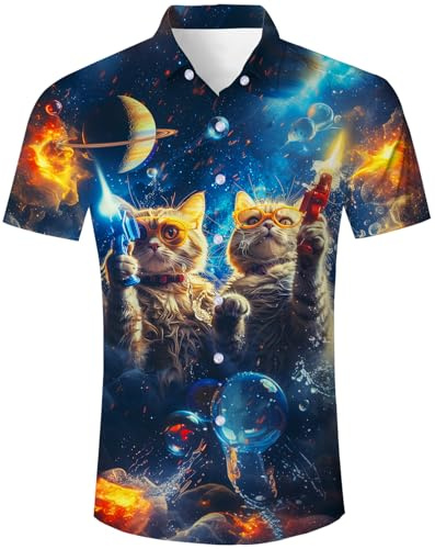 TUONROAD Hawaii-skjorta herr 3D funky skjorta skjorta herr kortärmad button down fritidsskjorta Hawaii skjorta män M-XXL, galax katt, XXL
