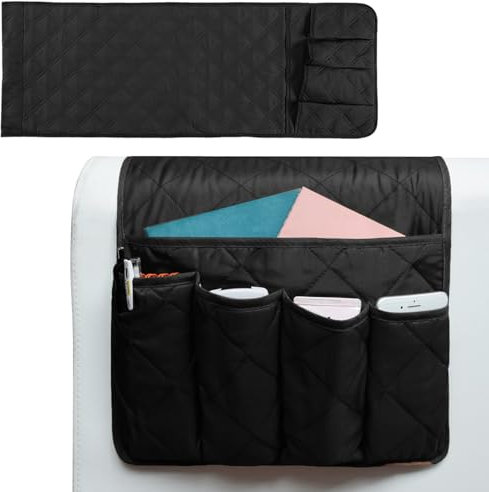 UESDU Armchair Organiser, Sofa Armrest Organizer with 5 Pockets Antiskid Armchair Caddy Cotton Armchair Storage for Tablet, Phone, Pad, Book, Magazines(Black)