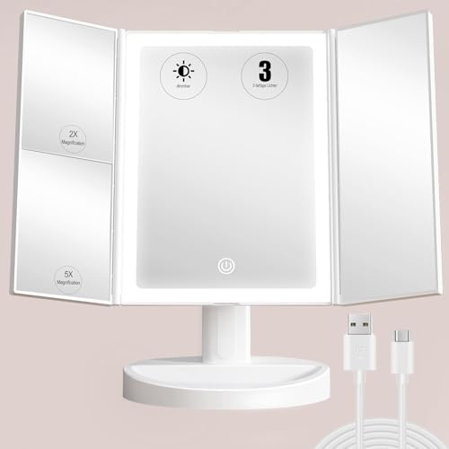 S'bagno Kosmetikspiegel-mit-Beleuchtung, 1X/2X/5X Vergrößerung，Make-up-Spiegel mit Einstellbarer Helligkeit und Dimmbarer Schminkspiegel mit 3 Lichtfarben für den Schreibtisch