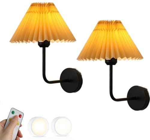 Moderno juego de 2 apliques de pared dorados con batería recargable por USB, control remoto, bombilla regulable y pantalla de tela plisada, lámpara de pared negra para mesita de noche, dormitorio y