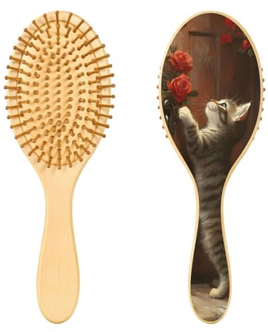 xigua Cute Cat and Rose Hair Brush,Massage Wooden Hairbrush Reducing Hair Breakage and Frizzy,No More Tangle for All Hair Types534