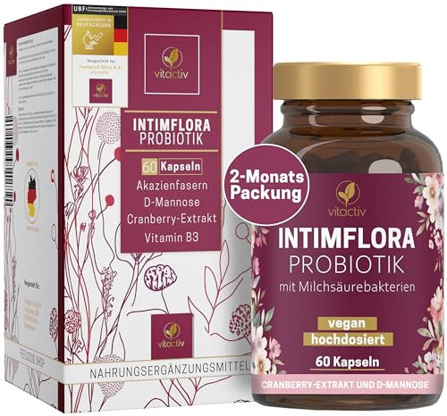 Vitactiv INTIMFLORA PROBIOTIK Milchsäurebakterien - 60 Probiotika Kapseln für Frauen - 6 Stämme, 130 Mrd. KbE/g, Akazienfasern Präbiotika - D-Mannose, Cranberry, Vitamin B3