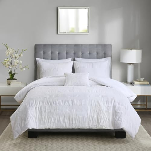 Nicolette 4 Piece Cotton Seersucker Duvet Cover Set, King/Cal King, White