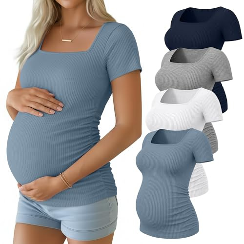 Huukeay 4 Pack Women's Maternity Shirts Cotton Ribbed Short Sleeve Square Neck Pregnancy Tops Side Ruched Summer Tee(Navy Blue, Heather Gray, White, Haze Blue,Small)