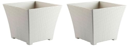 AC - Pack de 2 Macetas Rattan Cuadradas de plástico, Tiesto, macetero, Recipiente para Plantas, Flores, jardín, terraza, hogar, Fabricadas en España (Blanco Marfil - 30 cm)