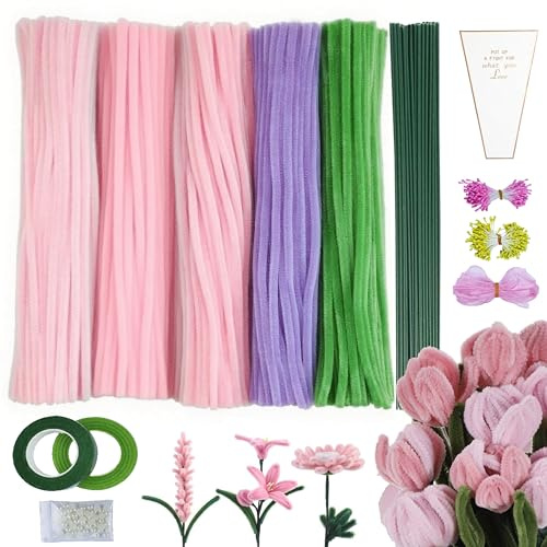 Pfeifenreiniger Blumen Set,500 Stück Pfeifenputzer zum Basteln mit 300 Staubgefäße, mit Klebeband Blumendraht Band Bänder Perlen Blumenstraußverpackungen für Blumenstrauß DIY Basteln