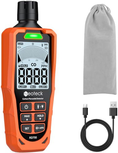 Neoteck Detector de Monóxido de Carbono Detector de CO Recargable 0-1000PPM con Alarmas Visuales y Acústicas Medidor de CO Portátil para Uso Doméstico, Camping, Viajes, Industrial y Profesional