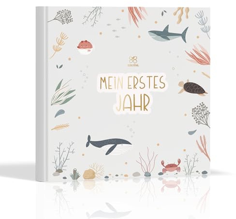 BIROYAL Mein Erstes Jahr Babyalbum, Fotoalbum Baby mit Goldprägung, Ozean | 21x21cm Format, 95 Seiten 120g Papier, 25+ Fotoplätze, Klare 0-1 Jahre Unterteilung, allen Meilensteinen, Geburtsgeschenk