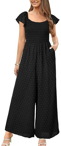 VOTEPRETTY Jumpsuits for Women UK Short Sleeve Square Neck Smocked Wide Leg Dungarees One Piece Outfit with Pockets Solid Black,M