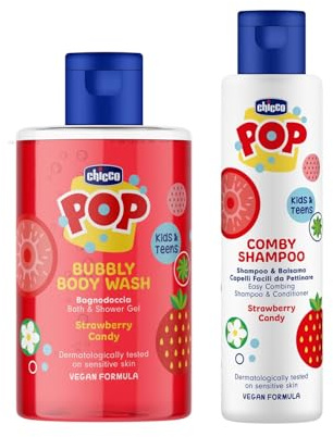 Chicco POP Gel de Ducha Strawberry Candy Aroma Fresa, Fórmula Vegana, 300 ml y Champú y Acondicionador Strawberry Candy, Aroma Fresa, Shampoo Suave para Bebés, Sin Lágrimas, Fórmula Vegana, 250 ml