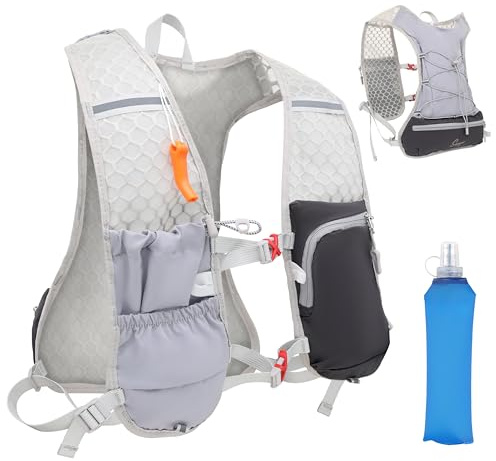 SUNYA Laufweste Damen und Herren, Verstellbare Laufweste mit 500ml Trinkflasche, Ultraleichter Trinkrucksack für Laufen, Marathon, Trail, Radfahren (Grau, Normal)