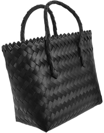 VICASKY Handgefertigte Gewebte Strohtasche Damen Vielseitige Einkaufstasche und Strandkorb Kleine Rattan Tasche für Alltag Picknick und Shopping Schwarz