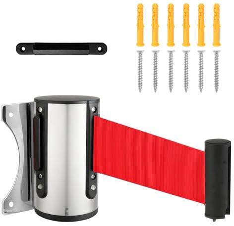 Cinta de barrera extensible de acero inoxidable de 5 m, sistema de guía para personas montado en la pared con cordón de cierre, cierre resistente, extensible para control de multitudes (rojo, 5 metros