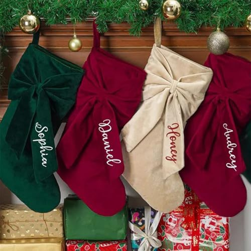 Weihnachtsstrümpfe mit Schleife - Anpassbarer gestickter Name,45,7 cm, kokettischer Samt-Weihnachtsstrumpf, hängende Weihnachtsbaumdekoration für Kamin, Feiertagsfest