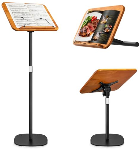 2 in 1 Dual-use Music Stand & Desktop Book Stand, Adjustable Height 16.5-51, 100% Solid Wood Laptop Floor Stand Book Holder with Elastic Page Clips for Cookbooks, Sheet Music (Brown)