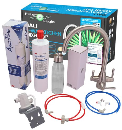 FilterLogic Bali Brushed Steel 3 Way Tap with 3M Filter System and Free Exclusive 3M Reusable Glass Water Bottle