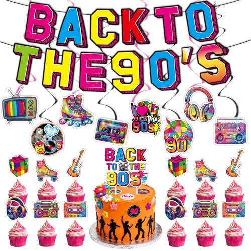 90-tals festdekorationer, festtillbehör, 1990-tal banner, tillbaka till 90-talet, hängande kransar, cupcake- och tårtdekorationer, för retro discofest på 90-talets tema