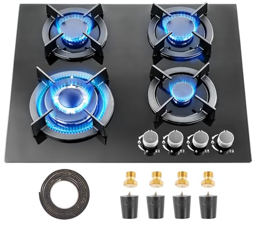 Gas Hob 4 burners, 60cm Built in Glass Gas Hob with Flame Out Protection,with Cast Iron Supports,NG/LPG Convertible 7400W Black