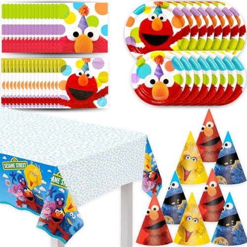 Sesame Street Party Decorations Kit for 8 Guests - Bundle with Table Cover, Plates, Napkins, Hat Featuring Elmo, Big Bird, and Cookie Monster for Birthday | Sesame Street Party Supplies Set