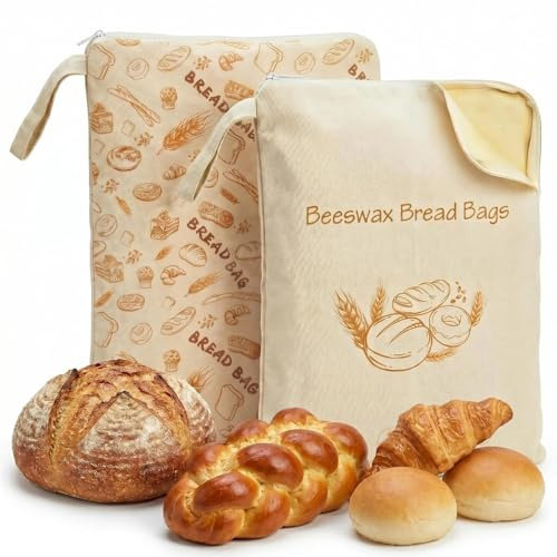2 PCS Extra Large Beeswax Bread Bag, Natural Beeswax Lining Linen, XL Beige | With L-Shaped Extra-Wide Zipper Channel, Cotton Sourdough Bags Freshness Storage, Reusable Generic Storage Bread Bin WANRHDZS
