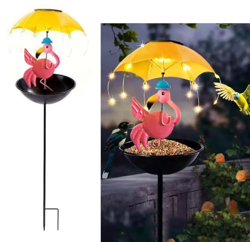 YZYOE Solar Powered Flamingo Holding an Umbrella Feeding Light, Garden Decoration Iron Cute Flamingo Holding an Umbrella Floor lamp, Wireless Dusk to Dawn LED Light Waterproof.