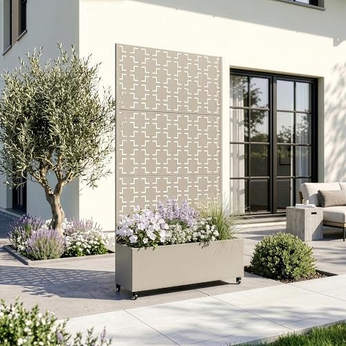 casa.pro Blumenkasten mit Sichtschutz Aaskis Pflanzkübel mit Rankgitter Metall Pflanzkasten Balkon 190 hoch Outdoor Trennwand mit Rollen Garten 190 x 82 x 38 cm Beige