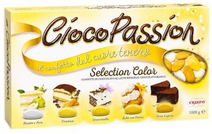Crispo CiocoPassion Selection Color GIALLO, Confetti Cioccolato al Latte Ripieni di Cioccolato Bianco, 5 Sfumature, Gusti Assortiti per Confettata, Nascita, Battesimo, Matrimonio Senza Glutine 1kg