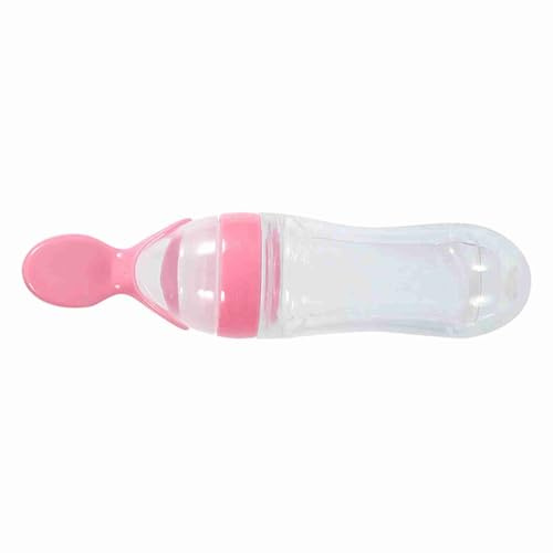 Biberón, alimentador de alimentos, biberón seguro para bebés, portátil de silicona para exteriores con cuchara para bebé(Pink)